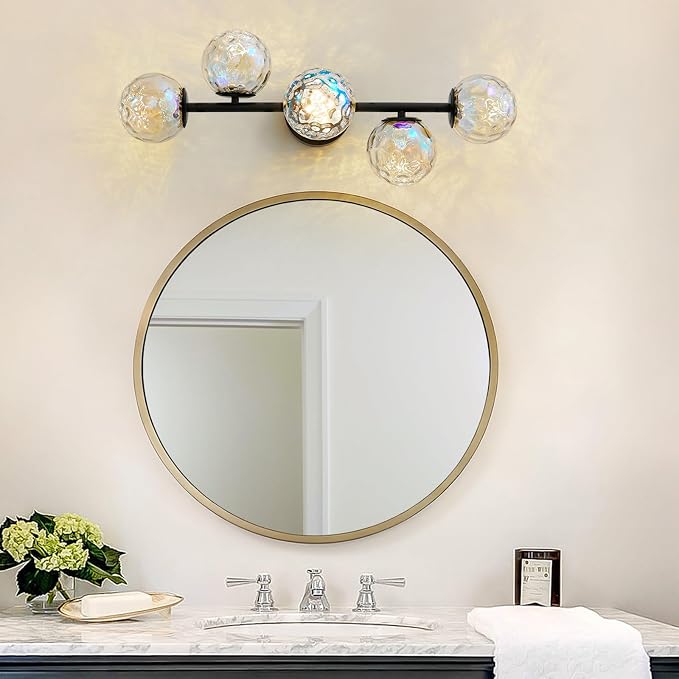 27" Black LED Stained Hammered Glass Globe Bathroom Vanity Light | Colorful Water Ripple Light Effect, Decorative Stained Hammered Glass, Matte Black, Integrated Led Source, Mid Century Design