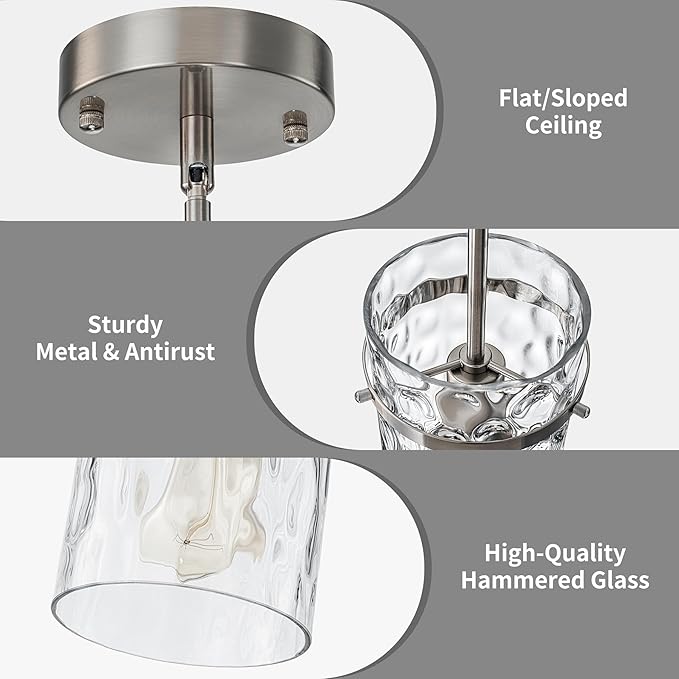5.5" Brush Nickel Hammered Glass Pendant Light Fixtures, Brushed Nickel Pendant Lights Kitchen Island, Modern Kitchen Island Light Dining Room Light Farmhouse Island Lights Sink 2 Pack