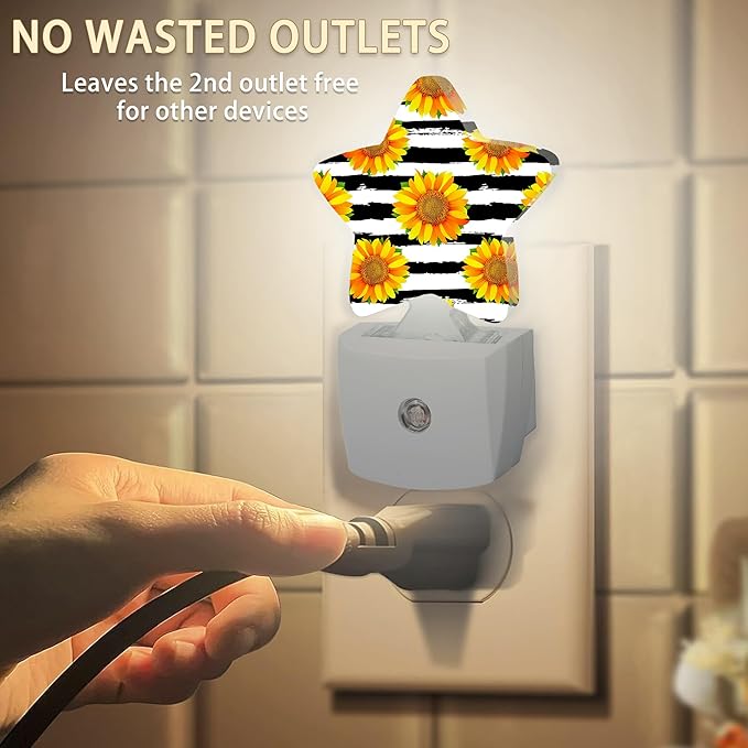 Sunflowers Plug-in Night Light Black White Grid with Dusk-to-Dawn Sensor for Bedroom,Bathroom and Living Room Sleep Friendly lamp for Women/Girls/Boys Gift,0.5W