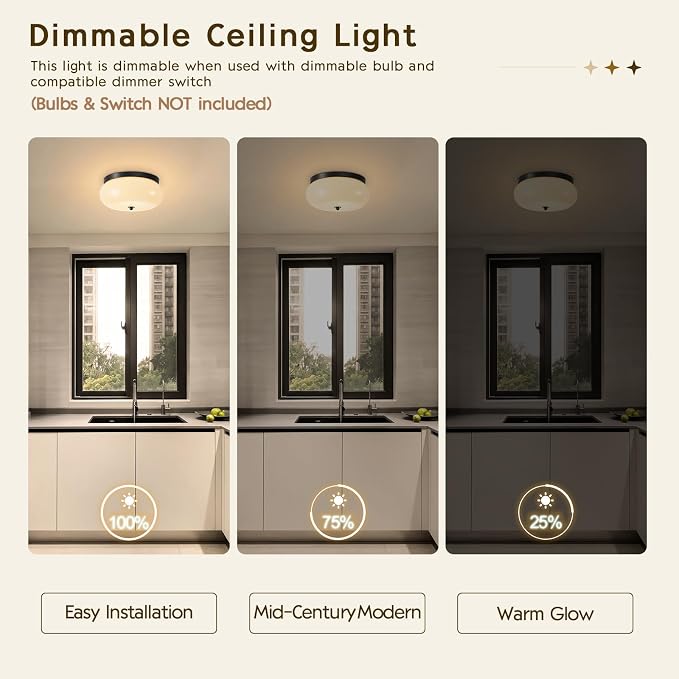 2-Light Black Ceiling Light, 11.02 in Milky White Glass Shade | Mid-Century Modern Metal Base, E26 Ceramic socket, Hallway, Kitchen, Bedroom, Bulb Not Included
