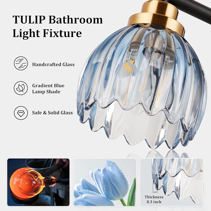 TALOYA Black Gold 3-Light Bathroom Vanity Light with Blue Tulip Glass Shade | Modern Vanity Lighting Fixtures, Bathroom Lights Over Mirror, Wall Mount Mirror Light Fixtures for Bathroom Hallway Bedroom