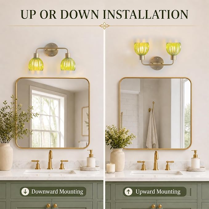 2-Light Gold Brass Bathroom Light Fixture,Wall Sconces,Brushed Gold Vanlity Light Over Mirror,Bathroom Vanity Light with Green Glass Flower Shade,E26 Socket(Bulbs Not Included)