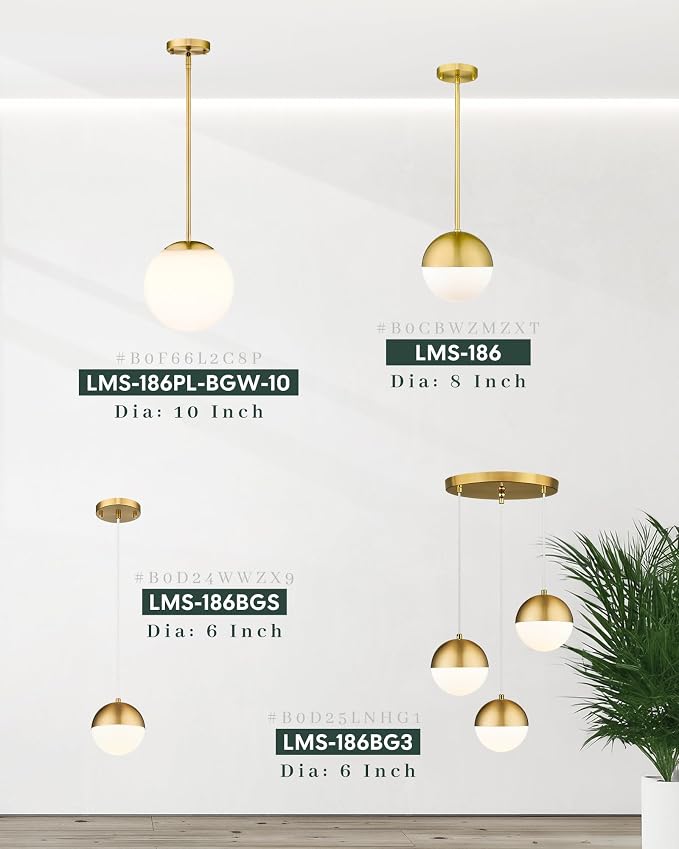 10 Inch Globe Pendant Lights, Brushed Gold Mid Century Kitchen Island Light Fixtures with White Globe Glass Shade, Adjustable Hanging Rod, Dining Room Kitchen, LMS-186PL-BGW-10