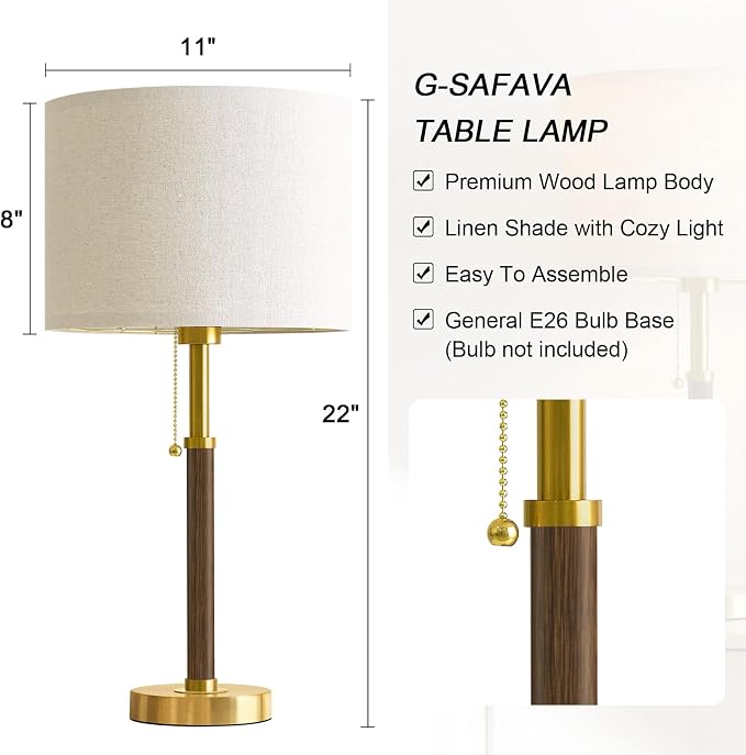 G-SAFAVA 22" Table Lamps Mid Century Modern Lamps for Bedroom Living Room Bedside Lamps for Night Stands Wood Nightstand Lamp Gold Small Side End Table Lamps Set of 2 Vintage Home Deco Office Gifts