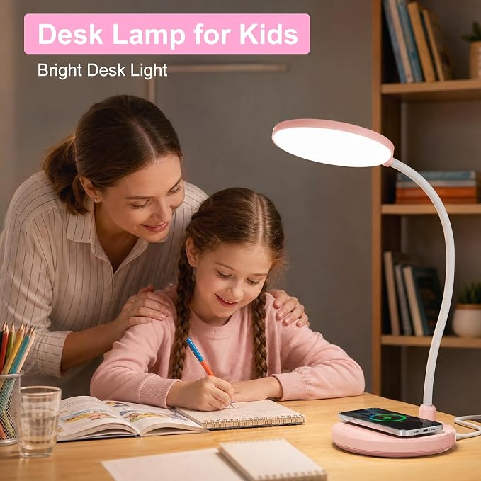 Pink Desk Lamp, Cute Desk Lamp for Girls, Wireless Charger, Dorm | 3 Color Modes, Stepless Dimming Desk Light, 360°Flexible Neck Table Lamp for Bedside Reading, Kids Room, with Adapter