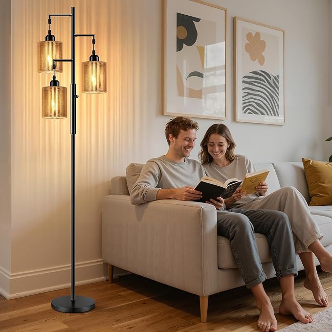 Hotsonic 72" Rattan Boho Floor Lamp, Tall Dimmable Standing Lamp with Handcrafted Brown Shade, Industrial Tree Floor Lamps for Living Room, Bedroom, Study Room, Office (3 x 800LM Bulbs Included)-Black