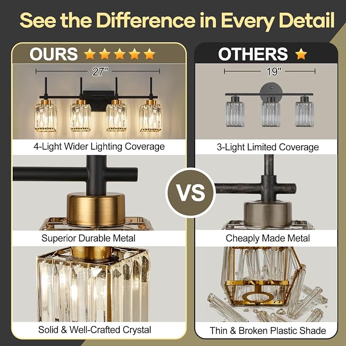 Torondo Modern Crystal Bathroom Vanity Light 4-Lights Gold Bathroom Light Fixtures Over Mirror Black and Gold Vanity Lighting Fixtures Gold Square Shade Brass Wall Sconce (Bulbs Not Include)
