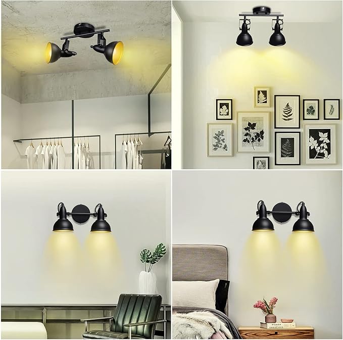 HiBay 2-Light Track Lighting Fixtures, Industrial Ceiling Wall Spot Lights Kit, Flexible LED Spotlights Black for Kitchen Bedroom Bedside Picture, E12 Base (Bulbs Not Included)
