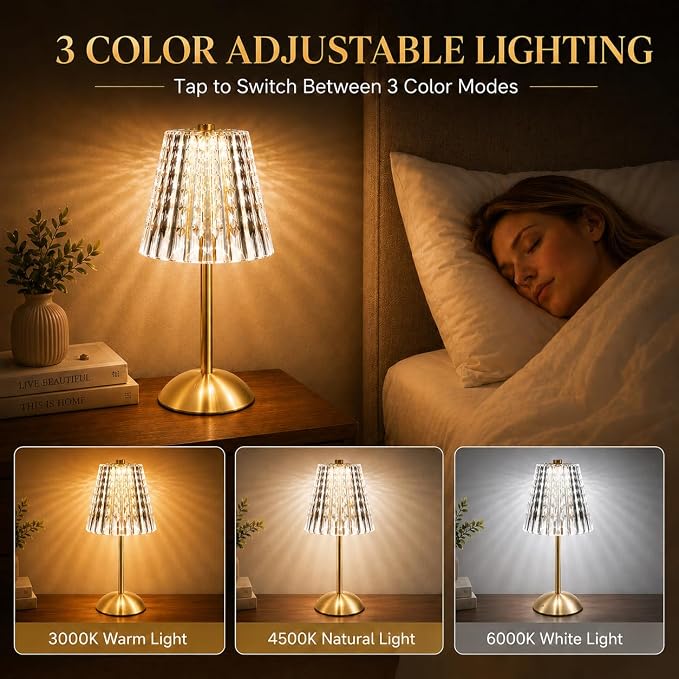 Cordless Gold Table Lamp Rechargeable Touch Desk Lamp with 3 Color Temps | Small Dimmable Table Lamp With Crystal - Battery Operated Nightstand Lamp for Bedroom/Dining Table/Restaurant/Kitchen/Bar
