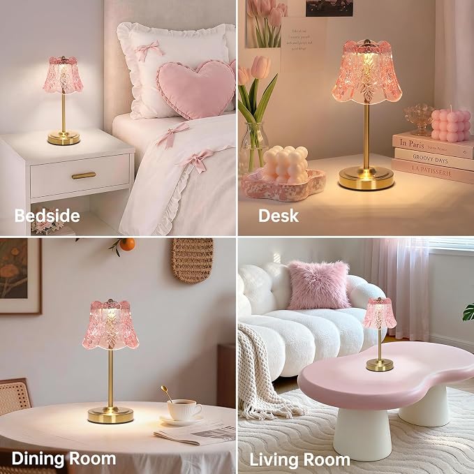 Shenmoyl Cordless Touch Table Lamp with 5200mAh Battery - 3 Adjustable Color Temperatures & Dimmable, Rechargeable Desk Lamp for Bedroom, Living Room, Office, Entryway, Bookshelves (Clear Pink Rose)