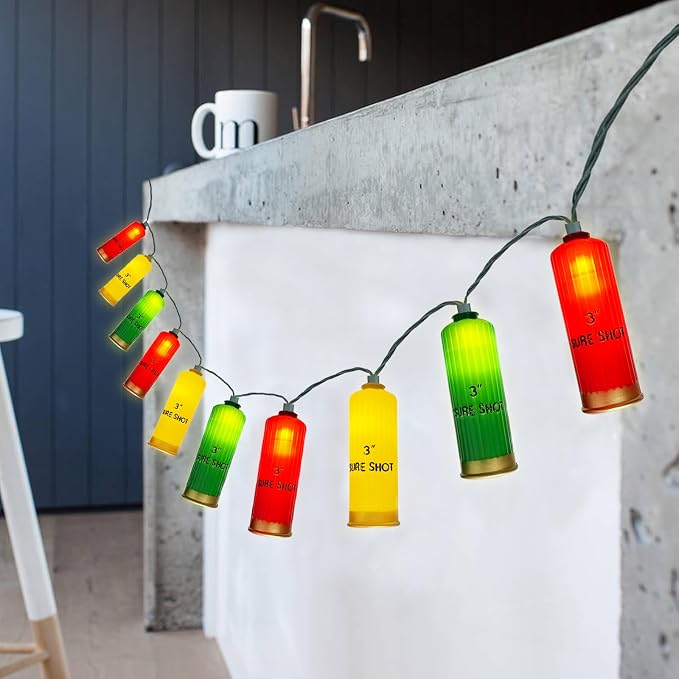 SUNSGNE 8.5ft LED Shotgun Shells String Lights, Indoor Decorative Christmas String Lights with 10 Red Green Yellow Lights, Plug-in Hanging String Lights for Christmas Hunting-Themed Party Decor