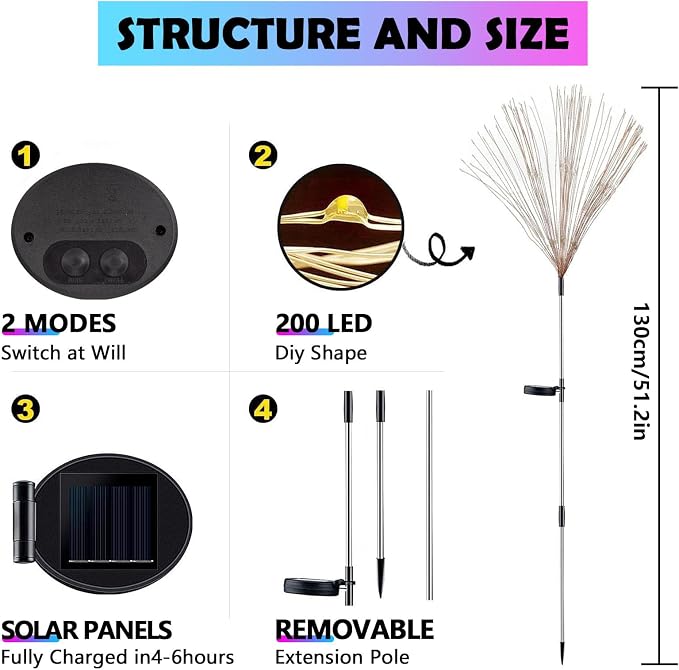 6-Pack Solar Firework Lights for Outside Waterproof Garden Fairy Lights | Adjustable 32"-51" tall, 200 LED stainless steel stake starburst lights with 8 modes for pathway patio decorations.