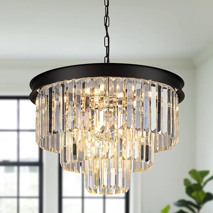 Black Crystal Chandeliers Modern Round Chandeliers 20" Dimmable 9 Lights Ceiling Pendant Light Fixtures 3 Tiers Luxury Raindrop for Living Room Dining Room Bedroom Foyer