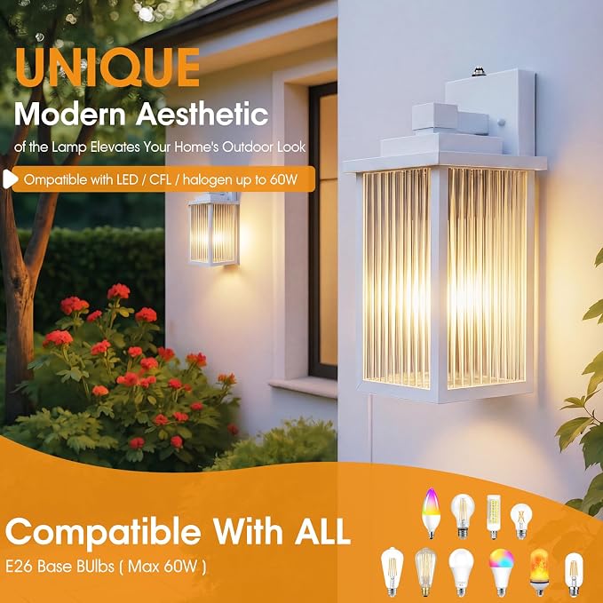 13" White Dusk to Dawn Outdoor Light, Exterior Light Fixture | Auto On and Off, Anti-Rust Metal Frame, Tempered Glass, E26 Socket, Easy DIY Install on Porch, Garage