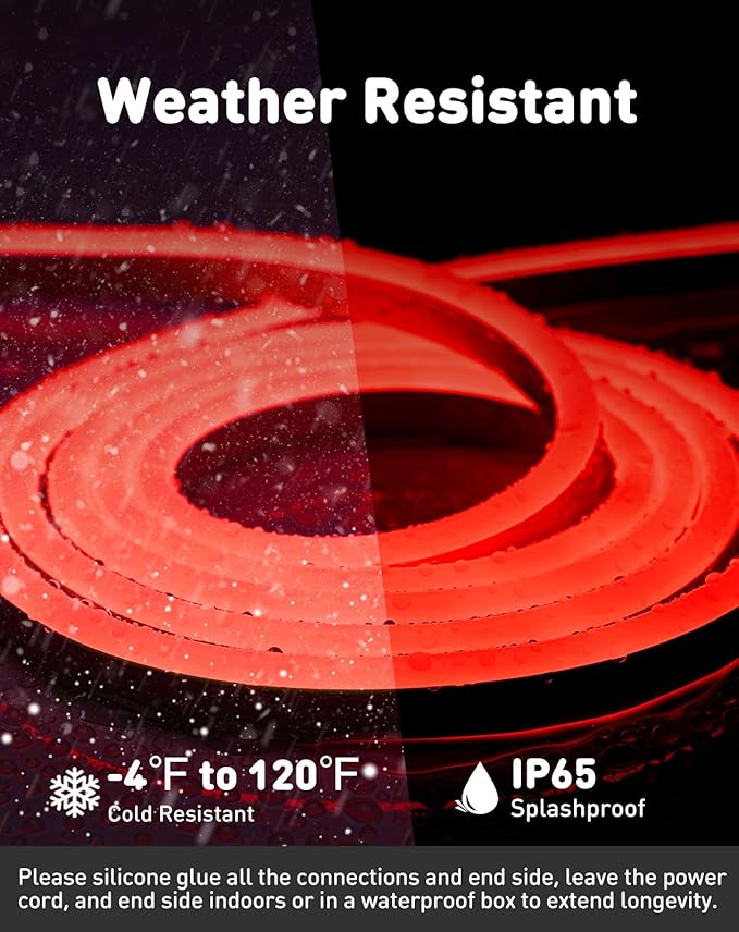 Shine Decor LED Rope Lights AC 120V, Connectable & Cuttable Dotless 120LEDs/M Eco Neon Strip Lighting, ETL IP65 Waterproof & Weather-Resistant for Home Commercial, 8x16mm, Red, 32.8FT