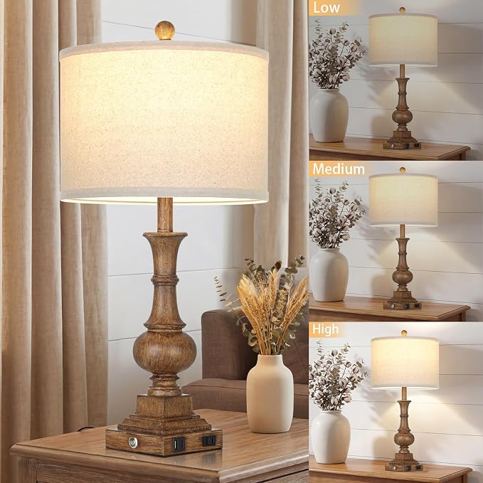26" Tall Farmhouse Rustic Table Lamps for Living Room Set of 2, Vintage Retro Nightstand Table Lamp with USB C+A Charging Ports & AC Outlet, 3-Way Dimmable Touch Control Bedside Lamp for Bedroom Brown