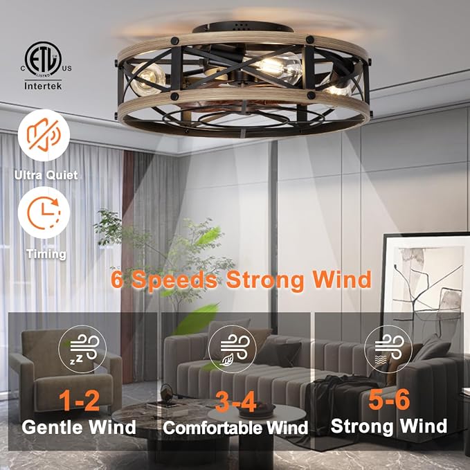 SHLUCE 19" Farmhouse Caged Flush Mount Ceiling Fan with Light, Rustic Fandelier Bladeless Ceiling Fans with Lights and Remote, Small Low Profile Ceiling Fan with Light for Kitchen, Bedroom - ETL