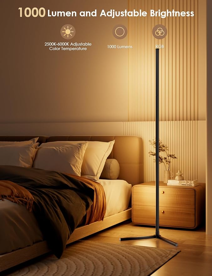 RGB Corner Floor Lamp, 64.5" RGB Color Changing Led Floor Lamp for Living Room APP and Remote Modern Light Bar with Music Sync and 16 Million Colors Dimmable Ambient Lighting for Bedroom