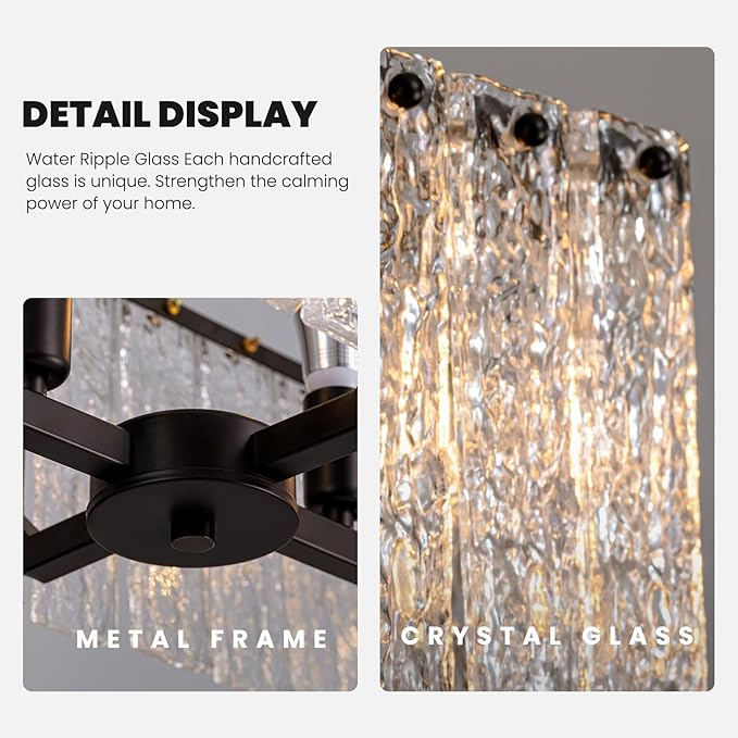 CROSSIO Modern Rectangle Black Crystal Chandeliers for Dining Room, L40 Rectangular Water Ripple Glass Pendant Light Fixture, Linear Farmhouse Lighting for Kitchen Island, Living Room, 6 Lights