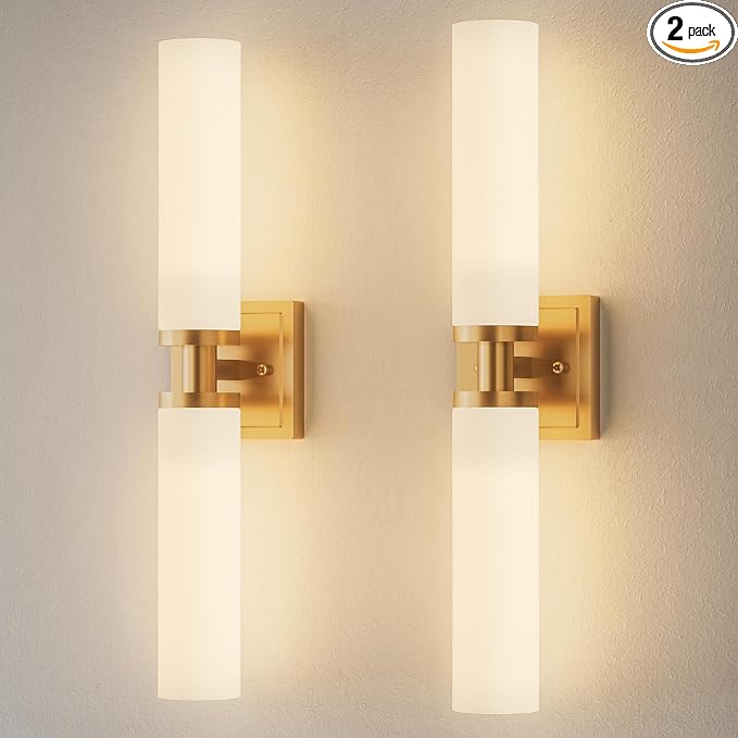 Gold Wall Sconces Set of Two, Bathroom Sconces with Frosted Glass Shade, Modern Vanity Sconces Lighting over Mirror, Wall Light Fixtures for Living Room Bedroom Hallway (Bulbs Not Included)