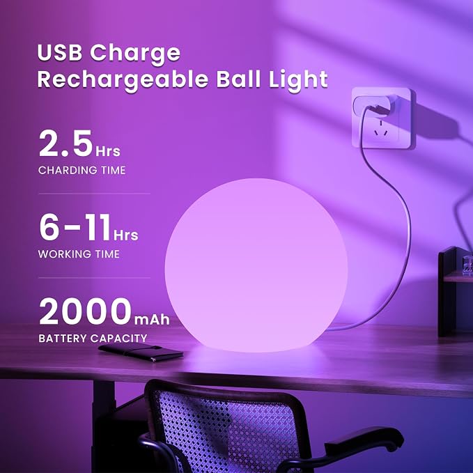 LOFTEK 16-inch Rechargeable LED Glow Ball, Waterproof Globe Lamp w/Remote | 16 Colors Change Night Light, Auto Timer, Cordless & Dimmable Large Floor Lamp for Home Patio Decor Living Room