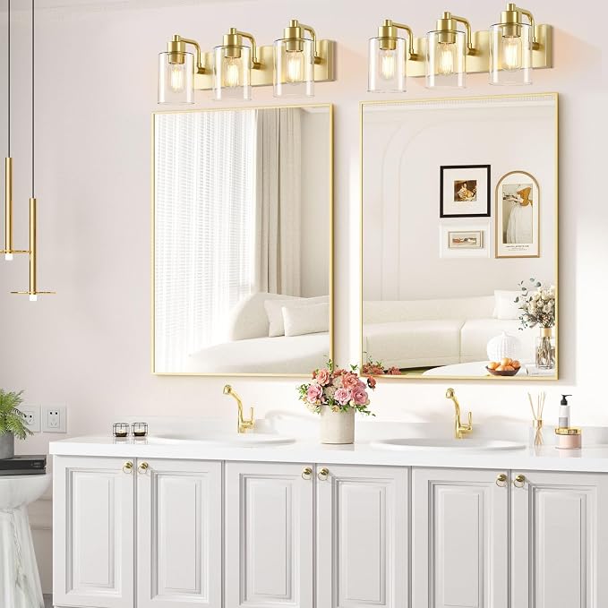 Dpyrrhic Gold Bathroom Light Fixtures,3-Light Bathroom Lights Over Mirror with Clear Glass Shade,Gold Vanity Light Wall Sconces for Kitchen Living Room Bedroom