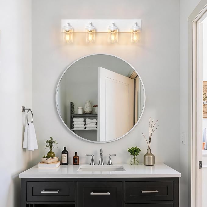 IZORRO Bathroom Vanity Light Fixture, 4-Light 30 Inch White Bathroom Light Fixtures Over Mirror, with Clear Glass Shade, Modern Farmhouse Vanity Lights, Rustic Restroom Lighting Fixtures