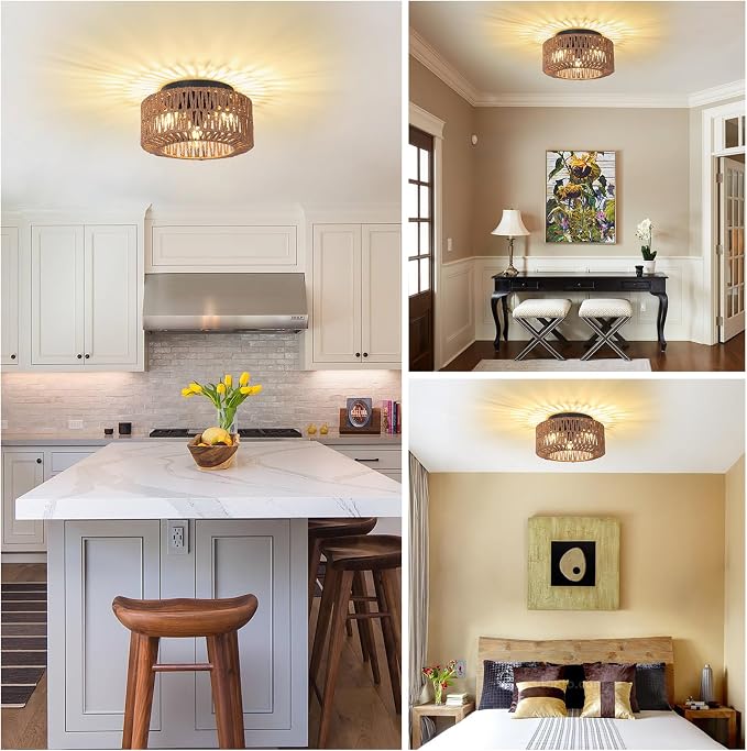 PAUFUL Boho Light Fixture，3-Light Farmhouse Rattan Light Fixtures Ceiling Mount，Flush Mount Ceiling Light with Hand-Woven Shade，Modern Chandelier for Living Bedroom Entryway Kitchen Nursery