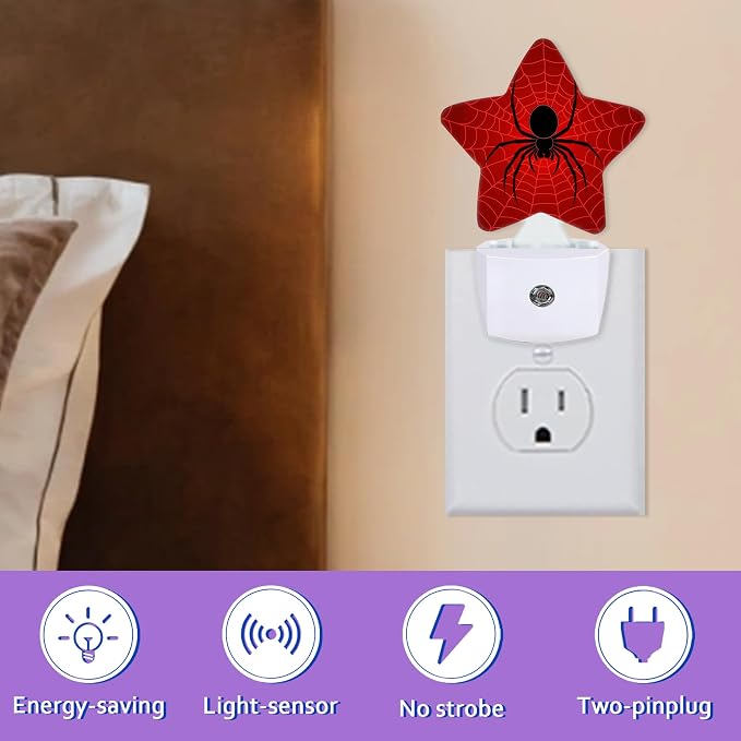 Night Lights Plug Into Wall Decorative,Black Spider Nightlights for Kids Bedroom, Red Spider Web Energy Efficient Dusk-to-Dawn Sensor Sleep Friendly Lamp for Nursery Bathroom