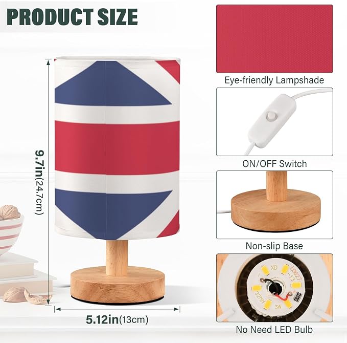 Table Lamp British Flag England London Union Jack Nightstand Lamp with Wood Base Fabric Lamp Shade Bedside Desk Lamp for Living Room Bedroom Kids Room Office