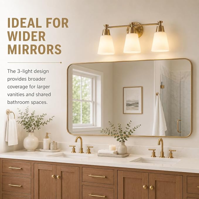 3-Light Bathroom Vanity Light, Gold Finish with Milk Glass Shades, Over Mirror, for Bathroom Vanity