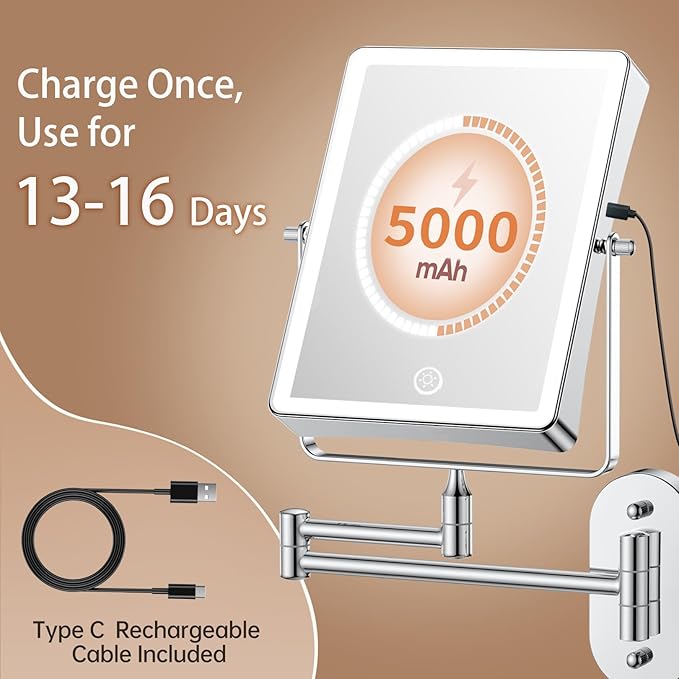 FASCINATE 5000mAh Rechargeable Wall Mounted Makeup Mirror, 8.7" Double Sided Touch Switch 1X 20X Rectangle Wall Mounted Magnifying Mirror with Light, 3 Color Setting, Extended Arm 360° Foldable Chrome