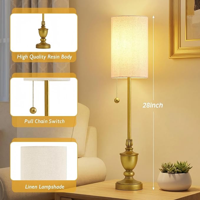 EJIAXIN Buffet Table Lamps Set of 2-28" Tall Skinny Brass Finish Resin Table Lamp for Living Room - Farmhouse Candlestick Lamp with Pull Chain for Console Table,Dining Room,Entryway,Hallway,Bedside