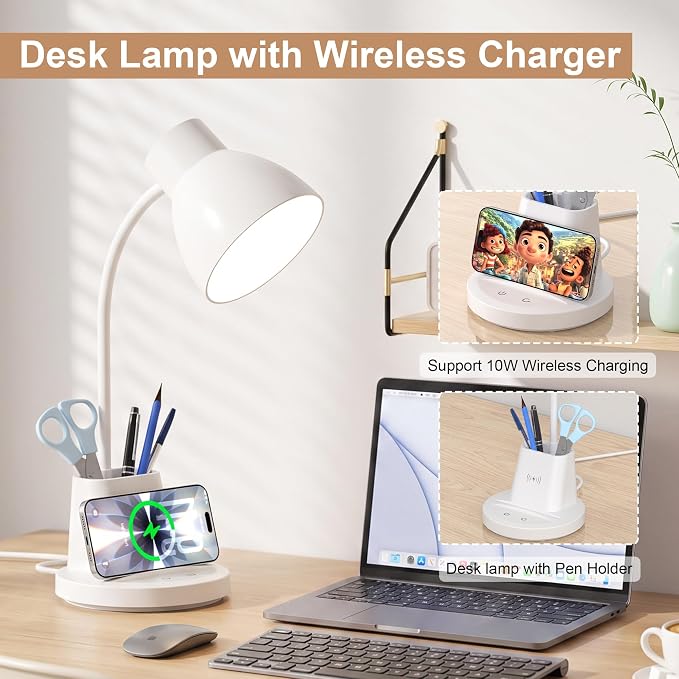 10W Wireless Charging LED Desk Lamp with Pen Holder, CRI 95, White | 800LM, 3 Modes, 360°Flexible Arm, Touch, Brightness, Table Lamp for Home Office, Dorm, Bedside, Study, Reading, with Adapter