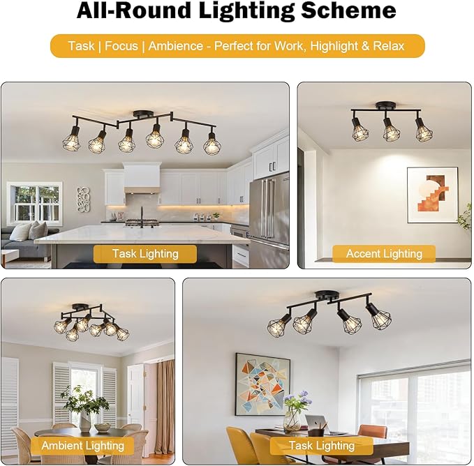 3-Lights Black Track Lighting Fixture Ceiling,Adjustable Semi Flush Mount Ceiling Light Fixture Multi-Directional Rotatable Kitchen Track Lighting Fixtures with Geometric Cages for Dining Room