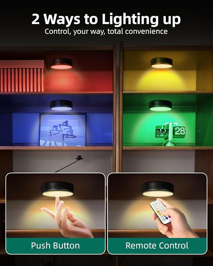 2-Pack Puck Lights with Remote, 1800mAh Rechargeable Under Cabinet Lighting, 3 Color Temps & 7 RGB Colors, Long-Lasting Dimmable Stick-On Lights for Cabinet, Kitchen, Shelf, Party