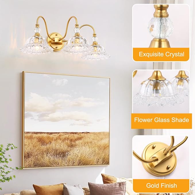Modern Bathroom Vanity Light Fixtures 3 Lights Brushed Gold Vanity Lights for Bathroom with Floral Crystal Glass Shade Modern Wall Lighting Fixtures Over Mirror(Exclude E26 Bulb)