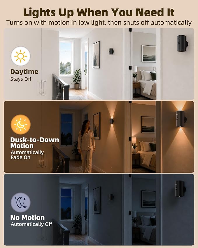 EZVALO Motion Sensor Wall Sconce with Remote, 4000mAh Rechargeable Battery Operated Wall Light, 3 CCT & 12 RGB Colors, Up & Down LED Lighting for Hallway, Stairway (Black, 1 Pack)