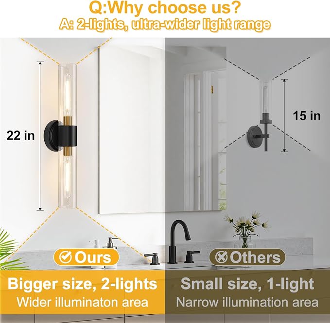 Wall Sconces Set of Two, Modern Bathroom Sconces Wall Lighting with & Clear Glass Glass, Black and Gold Sconces Wall Decor Set of 2 for Bathroom Mirror Bedroom Living Room Hallway