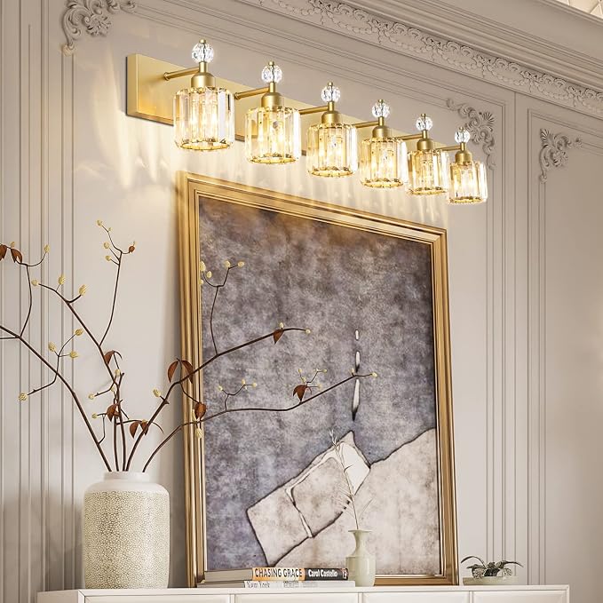 PRESDE 5-Crystal Bathroom Vanity Light Modern Gold Bathroom Lights Fixtures Over Mirror Modern Bath Wall Lighting