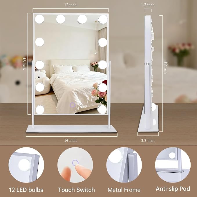 Hollywood Vanity Mirror with Lights 14" x 19", 10x Magnifying, 12 LED Bulbs, 3 Color Lights and 360° Rotation Desk Lighted Makeup Mirror for Bedroom Dresser College Dorm