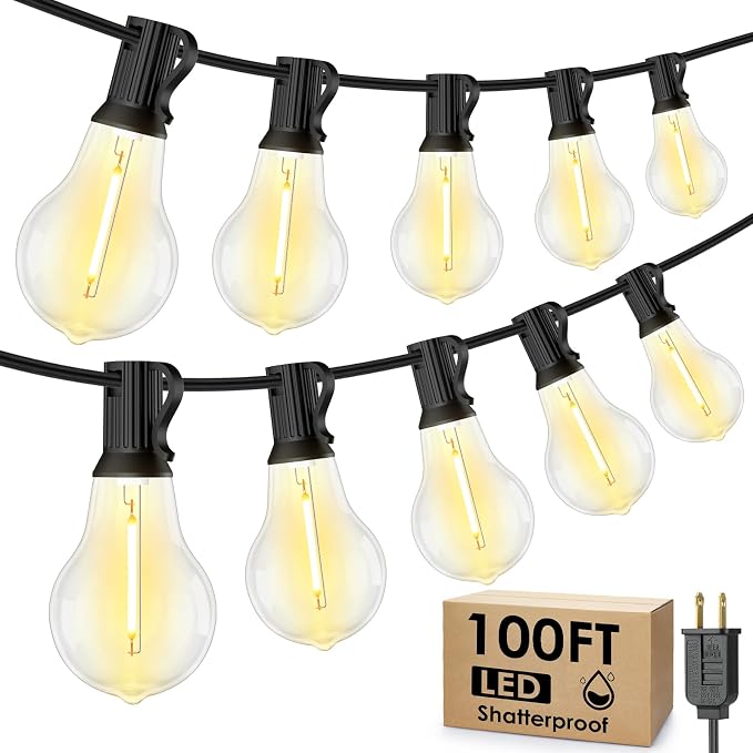 100FT Outdoor String Lights, Patio Light with 32 A39 Bulbs, Black | Plug in, Dimmer not included, Waterproof, Shatterproof, Extendable, LED Hanging Lamp for Indoor Outside Decor, Warm White