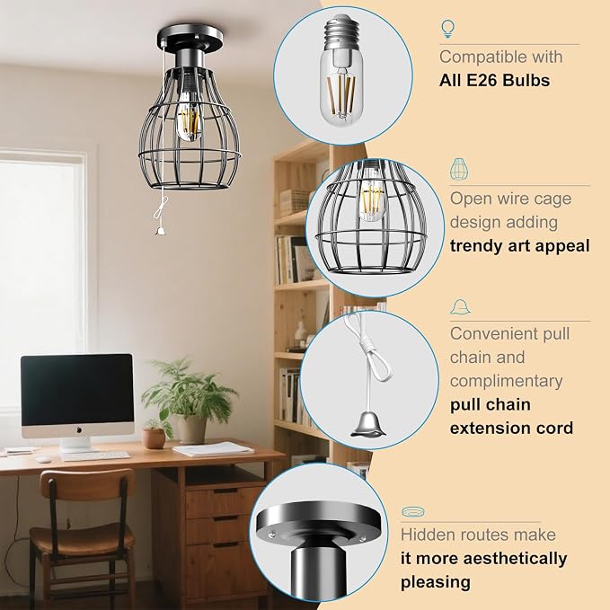 Lightdot Farmhouse Flush Mount Ceiling Light with Pull Chain Industrial Ceiling Light Fixture Rustic Black Metal Cage Close to Ceiling Lamp E26 Base for Closet Hallway Foyer Kitchen-4Pack