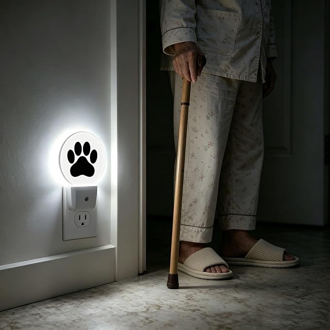 Nightlight Dog Paw Plug-in Night Lights Dusk to Dawn | Animal Puppy Black Cartoon Footprint Night Light LED Round Lamp with Auto on/off Sensor for Kitchen Hallway Bedroom Bathroom