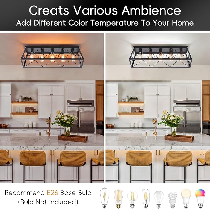 31.5" Black Flush Mount Ceiling Light Fixture, 5-Light Vintage Industrial Cage Chandelier for Dining Room, Kitchen Island, Living Room, Dimmable Large Semi Flush Mount Close to Ceiling Light