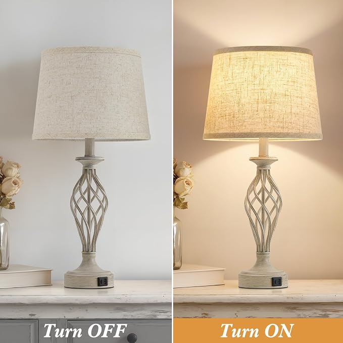 EJIAXIN Table Lamp for Bedroom Set of 2 - Light Grey Bedside Lamps with USB C+A Ports,Rustic Distressed Farmhouse Bedroom Lamp - Lamp for Living Room Reading Bed Side End Table Bulbs Included