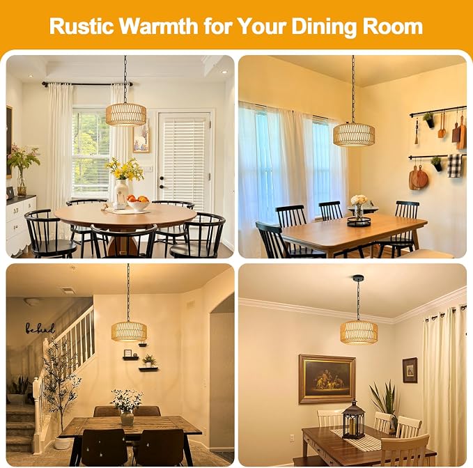 9"-52" Height Adjustable Farmhouse Chandelier Light Fixture, 1-Light Rattan Boho Chandeliers for Dining Room, Hand Woven Pendant Light with Linen Shade, Rustic Hanging Lighting for Kitchen Island