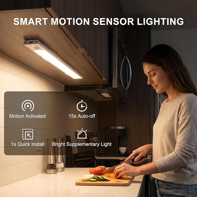 12 Inch Under Cabinet Light, USB Rechargeable Dimmable Motion Sensor LED | Clip-On Adhesive Wireless Mount, Tool-Free Install for Kitchen, Pantry, Wardrobe, Counter, Hallway, Stairs