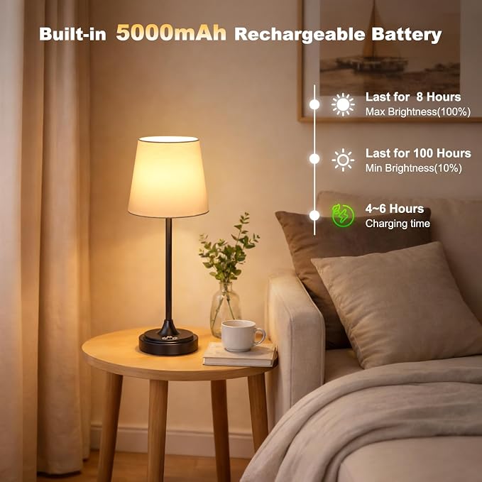 Wowag Cordless Table Lamp Rechargeable,5000mAh Battery Operated Desk Lamp,3 Colors & 7 RGB Stepless Dimmable,Touch Control Ambient Light for Bedside,Bedroom,Dining Room,Living Room,Black,WhiteShade