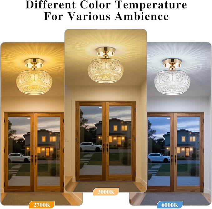 Semi Flush Mount Ceiling Light - French Gold Finish & Amber Floral Glass Shade, Vintage Modern Lighting for Bathroom, Kitchen, Bedroom (Bulb Not Included)
